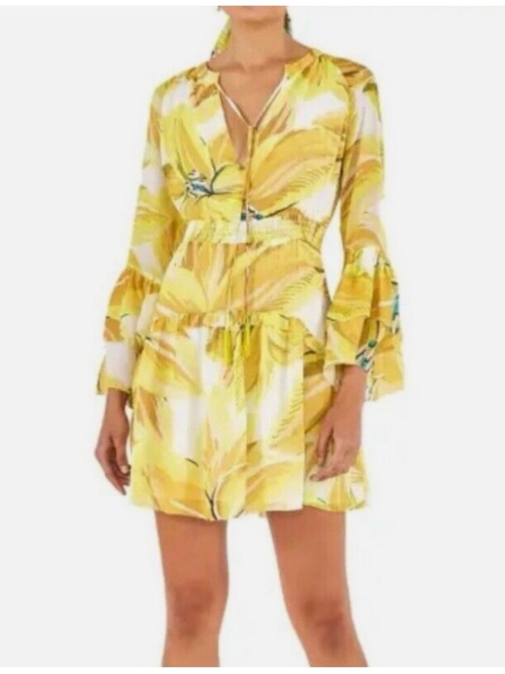 Farm Rio Medium Azalea Yellow Floral V-Neck Tasseled Long Sleeve Mini Dress